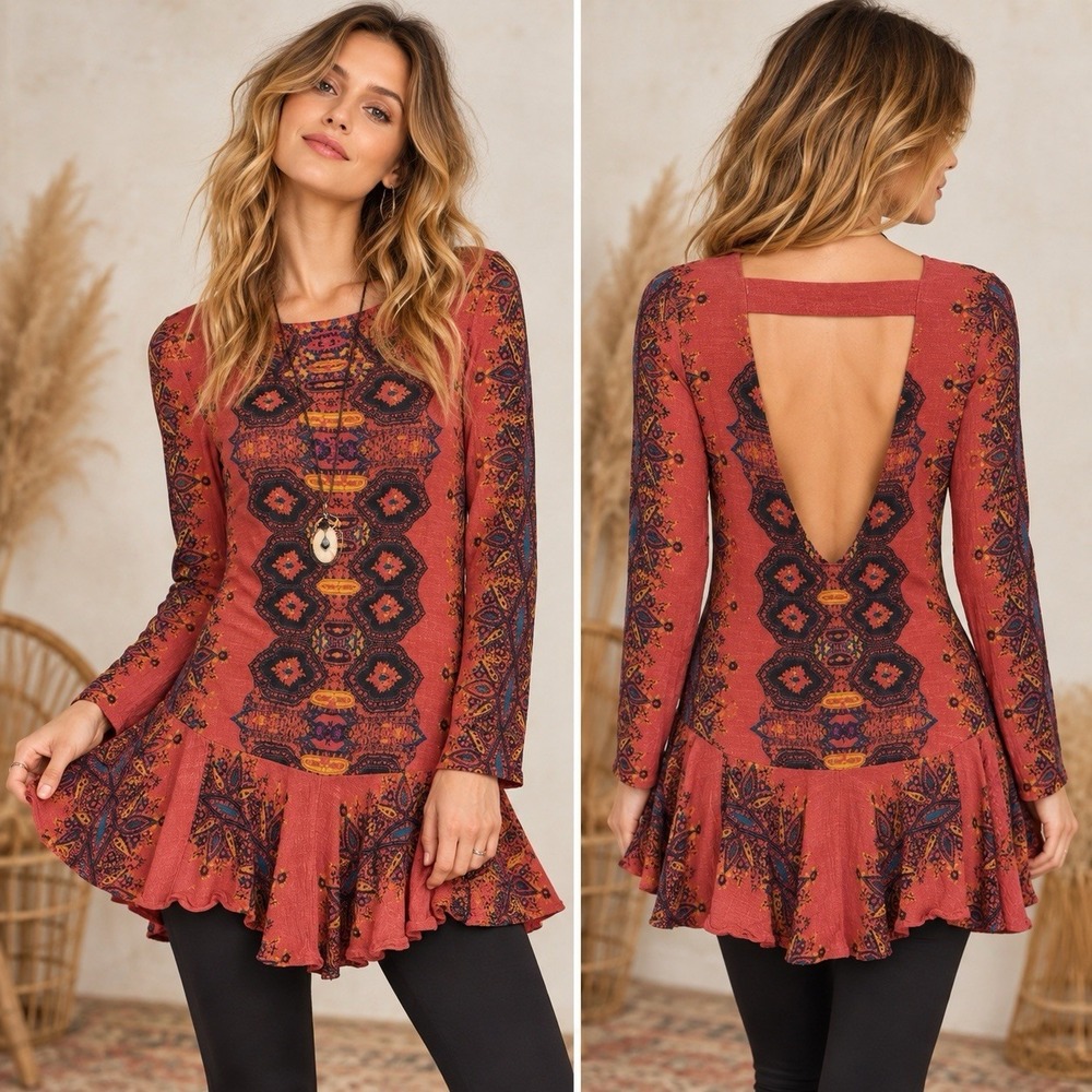 Free People XS Boho Paisley Tunic Top Orange Drop Waist Ruffle Viscose Blend